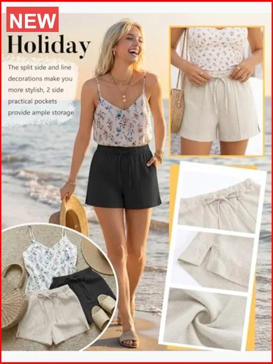 Linen Drawstring Shorts with Split Side and Pockets - Picture 4 of 7